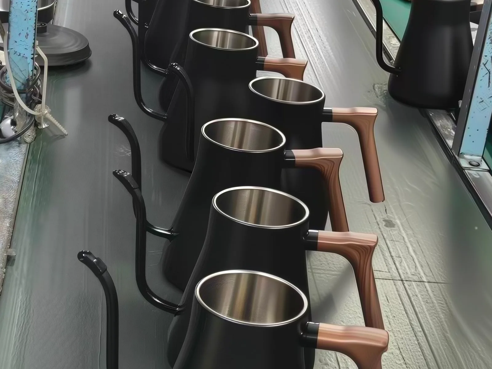 Kettle components visible along a factory conveyor